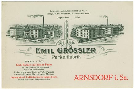 Visitenkarte der Parkettfabrik Emil Grössler in Arnsdorf